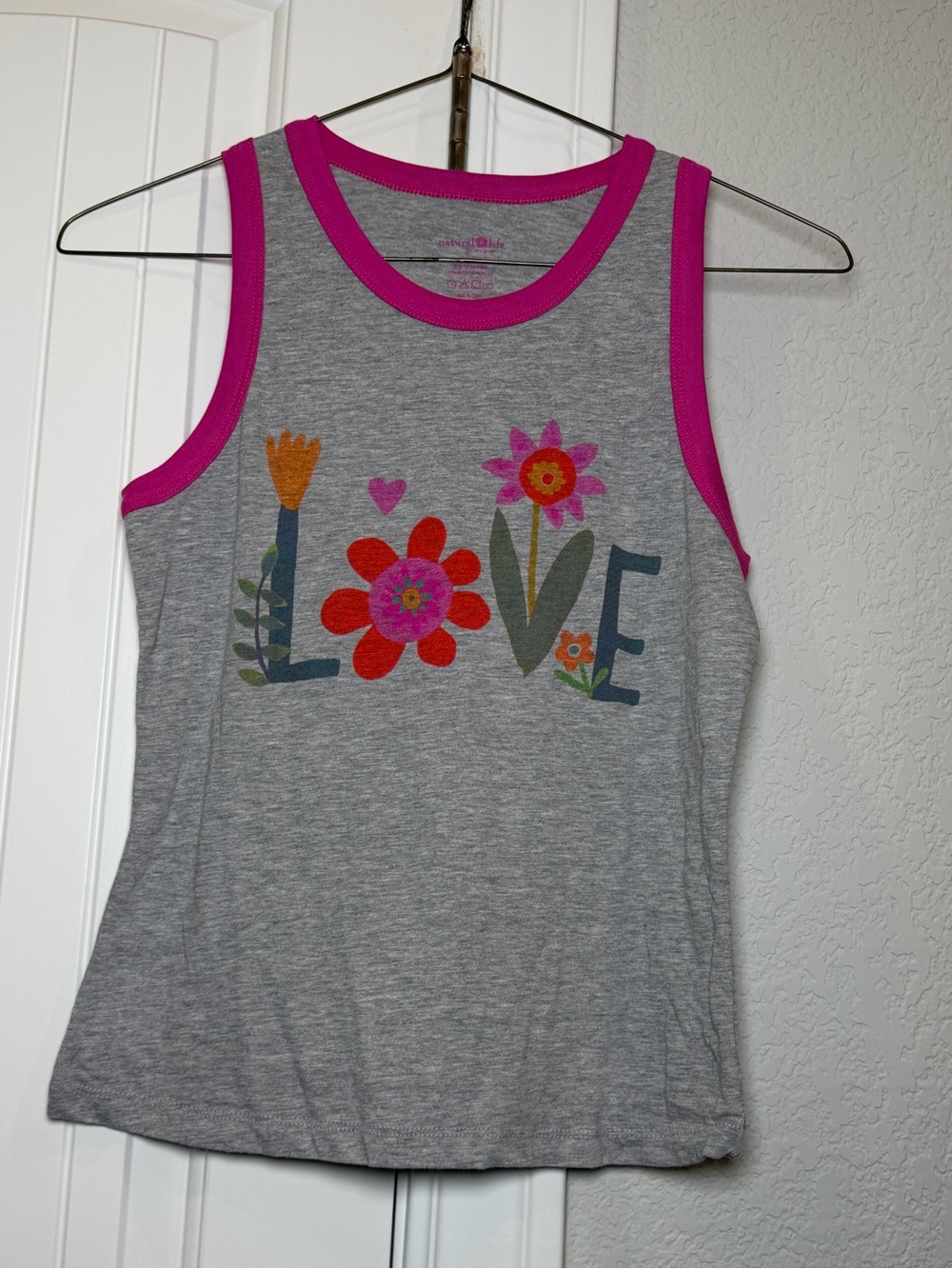 NATURAL LIFE Women’s Gray Tank with Pink Trim & Colorful Floral LOVE